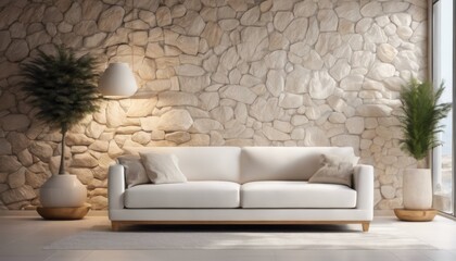 Fototapeta na wymiar A modern living room in a Mediterranean-style home features a white sofa adorned with beige pillows, positioned near a window with a view, against a backdrop of a stone-clad wall.