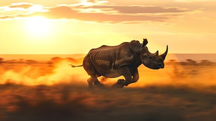 Majestic rhino sprinting at sunset, african wildlife in motion against a fiery sky. dynamic, powerful image suitable for diverse uses. AI