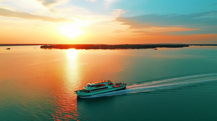 Ferry at the Gulf of Siam. Aerial view of floating