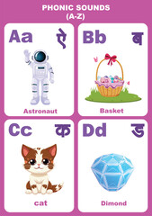 Vector illustration phonic sounds chart editable study material for kids in Hindi and english font