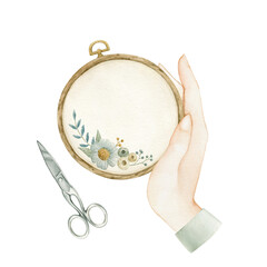 Watercolor illustration of embroiderer's accessories. Embroidery hoop in a woman's hand. All elements are hand painted with watercolors