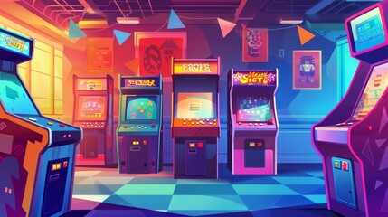 Retro computer club with game machines. Modern cartoon illustration of play zone interior design, old arcade cabinets with buttons, console joystick, 80s vintage pinball equipment, poster on the - obrazy, fototapety, plakaty