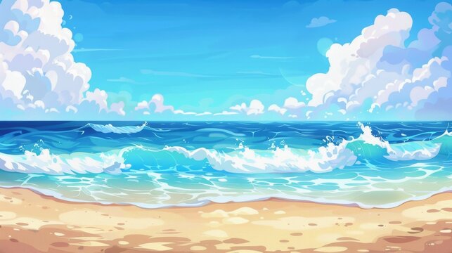 Modern illustration of summer landscape with empty seashore with sandy texture. Images of the sunset on a sunny day. A realistic sand beach with blue water and wave foam of sea or ocean and a serene