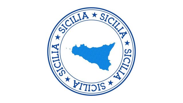 Sicilia intro. Badge with the circular name and map of island. Sicilia round logo animation.