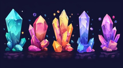 Cartoon game assets with glowing diamond raw material rocks. Modern illustration set of mining glass treasure and jewel stones. - obrazy, fototapety, plakaty