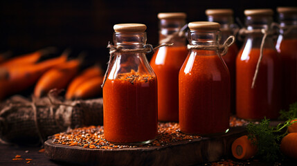 Carrot juice with flax seeds in glass bottles