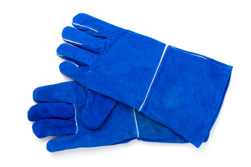 Blue construction gloves isolated on white, top view