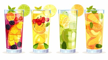 Isolated fruit cocktail glasses set on white background, modern illustration of lemonade, alcohol, sweet soda drinks with lemon, mango, berries, and mint leaves for party menus.