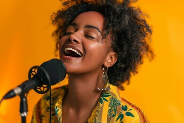 bright young black woman with a microphone singing or recording a podcast, - obrazy, fototapety, plakaty