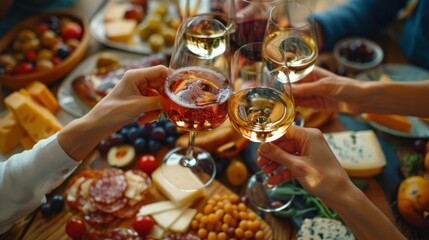 Group of friends enjoying a wine and cheese feast at a cozy gathering - obrazy, fototapety, plakaty
