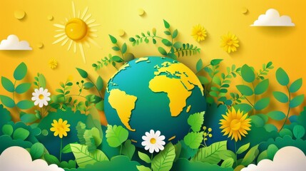 Fototapeta na wymiar Conceptual modern background design for web, banner, campaign and social media posts illustrating a peaceful earth. Save the earth, globe, sun, flower, plant tree, embrace, cloud. Eco friendly