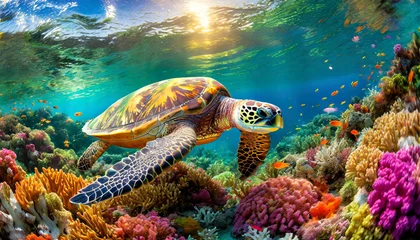 Gordijnen Close-up of a beautiful sea turtle swimming gracefully underwater in a vibrant coral reef. Generative Ai. © Alberto Masnovo