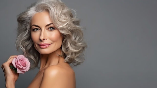 Beauty Portrait Of A Beautiful Woman 55 Years Old With Gray Hair And Healthy Skin With Light Makeup And A Rose, The Concept Of Anti-aging Care And Mature Beauty