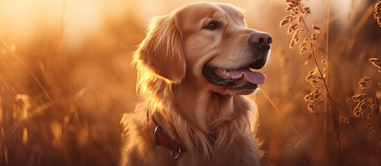 A golden retriever, a carnivorous dog breed and popular companion dog, is standing in a field of tall grass with its fawncolored fur shining in the sun - Powered by Adobe