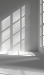 Fototapeta premium Empty white room with window and shadows from sunlight. Business background concept.