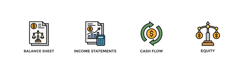 Fototapeta premium Financial statements banner web icon vector illustration concept with icon of graph, balance sheet, pie chart, income statements, money, calculator, income, earning, cash flow, equity, and balance 