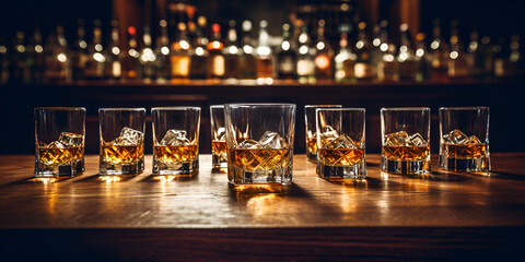 banner gentleman, mens club with lot of glasses Scotch whiskey on old wooden on bar counter in nightclub, dark atmosphere luxury . - obrazy, fototapety, plakaty