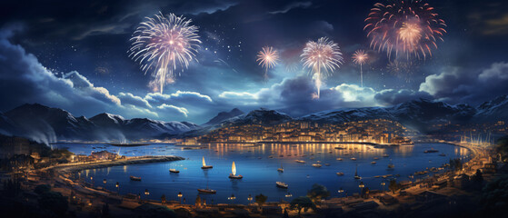 Fireworks festival in the main city in the island - obrazy, fototapety, plakaty