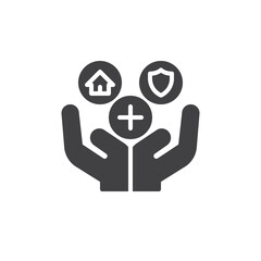 Hands with home and shield vector icon