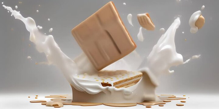 rendering. 3d splash cream milk with biscuit wafer square of Pile