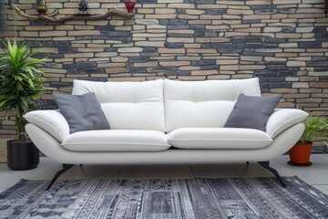 Contemporary style interior with sofas, decorations, and a wall panel made of wood and stone. mockup for an illustration. 