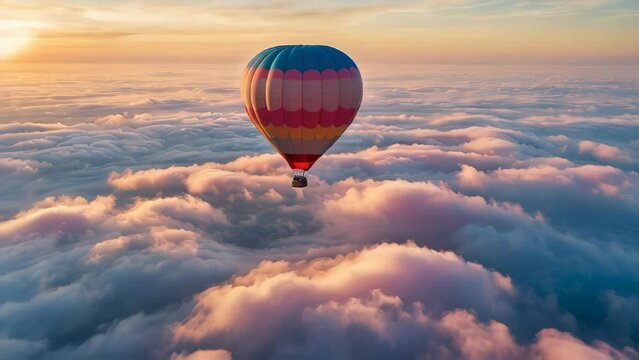 Hot air balloon soars at dawn above the clouds. Generative AI Video. ProRes HQ 59.94 FPS available in 4K 16:9.