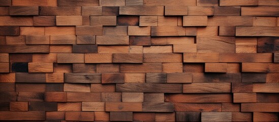 Obraz premium A detailed closeup of a brown hardwood wall made of rectangular wooden squares, showcasing the beautiful brickwork pattern and natural wood flooring