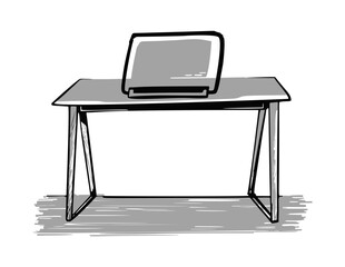 continuous line drawing of desktop computer laptop and mug
