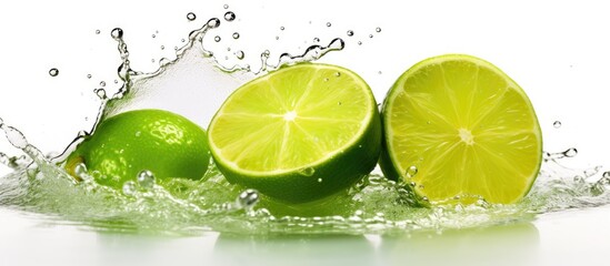 Citrus fruits like lime, Rangpur, and sweet lemon are splashing in water on a white surface. Their refreshing essence is perfect for adding flavor to food and drinks as ingredients or garnishes