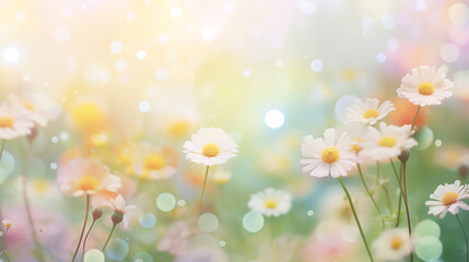 summer flowers on Blurred background with soft pastel colors, bokeh effect, bubbles and sparkles, pink green yellow white
