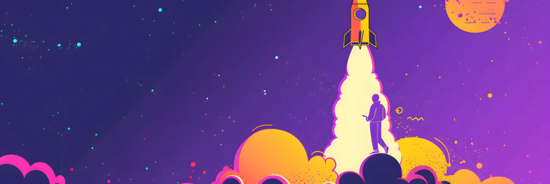 cover image for anrticle about launching a successful app project after several failed attempts. it should show a guy trying to climp up a rocket that is launching