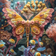 3D luna moth, whimsical character design, ethereal figures, pink & yellow , made of beads & yarn.