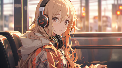 Cartoon Girl using headset in lofi train