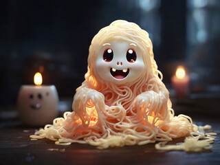 Fototapeta premium cute blushing ghost made from 3d rendered glow in the dark yellow noodles, dark background, copy space,