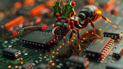 3D ultrasharp luminous HDR digital art photorealistic image of a partially cyborg / partially natural ant, wearing a crown of holly on its head, standing on top of a semiconductor wafer.