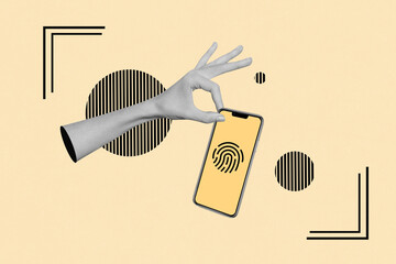 Secure access collage artwork image authorization valid fingerprint biometrics data for using smartphone isolated on yellow background
