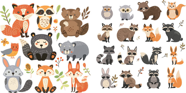 Cartoon forest animals, bear raccoon fox and cute owl