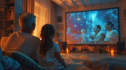 Family movie night, Classic film on projector screen, Multigenerational, Heartwarming and familial, Person watching movie in the room