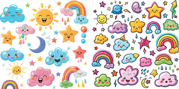 Weather character, hand drawn stars, wind, rainbow and flash, smiling weather
