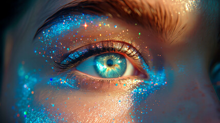 close up macro shot of woman eye with shimmering glitter make up,  eye glitter glow