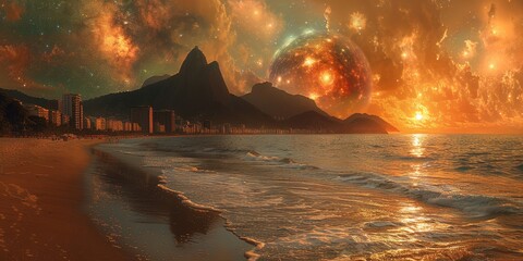 Galatic copacabana beach with big planets and stars on horizon landscape. - obrazy, fototapety, plakaty