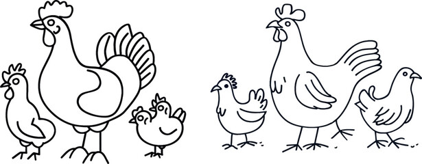One line chicken family.Animal chicken bird farm minimalism