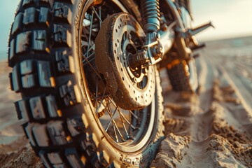 Closeup of motorcycle tires, side view, with sand in the background.
