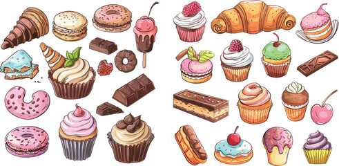 Bakery sweets, muffin cakes, ice cream, hand drawn candies, chocolate bar and macarons
