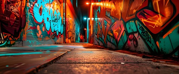 Vibrant graffiti art in warm hues covers city walls,Graffiti,Art,Generative AI