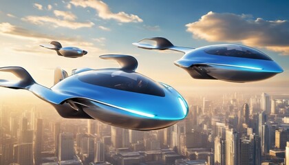 Skybound Dreams: The Era of Flying Cars"Description: Capture the sleek lines of a futuristic flying cars soaring gracefully through a clear blue sky. 
Emphasize the sense of freedom and innovation as 