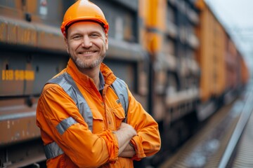 Confident railway worker standing by the train tracks - obrazy, fototapety, plakaty
