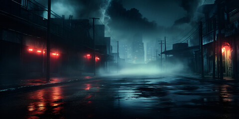 Wet asphalt, reflection of neon lights, a searchlight, smoke. Abstract light in a dark empty street with smoke, smog. Dark background scene of empty street, night view, night city.