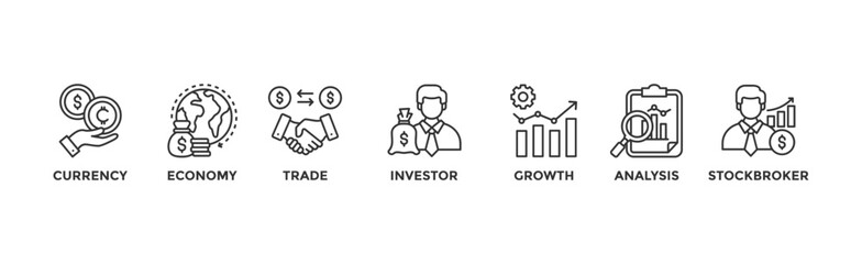 Forex banner web icon vector illustration concept with icon of currency, economy, trade, investor, growth, analysis and stockbroker	