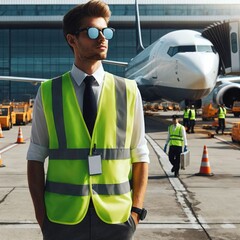  An airport ramp agent in a reflective vest ensures safe operations on the apron, amidst a fleet of parked airplanes. #aviationlife #groundoperations